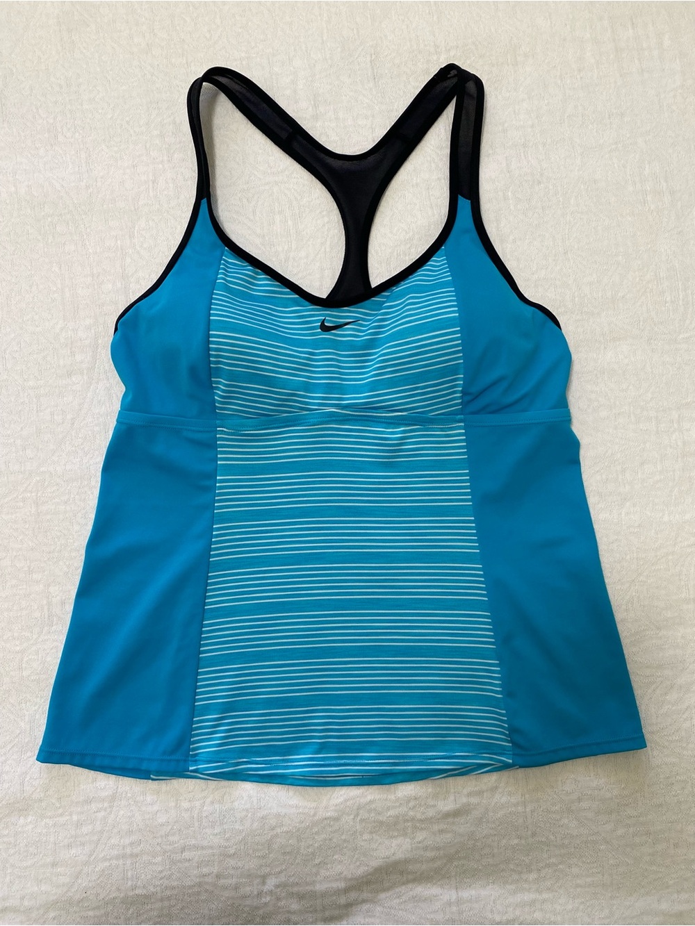 Nike Women XL Blue White Stripe Tankini Racerback Swim Top Built In Bra